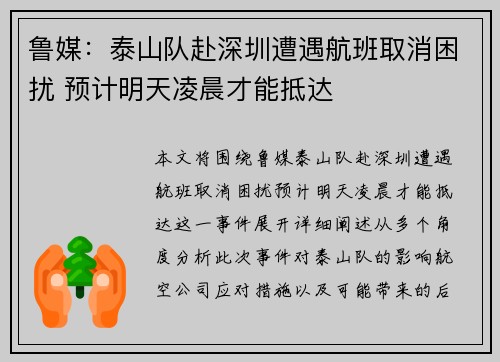 鲁媒：泰山队赴深圳遭遇航班取消困扰 预计明天凌晨才能抵达