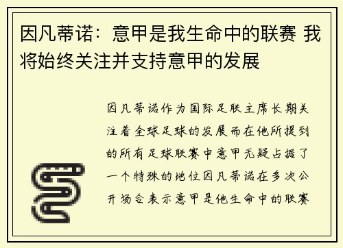 因凡蒂诺：意甲是我生命中的联赛 我将始终关注并支持意甲的发展